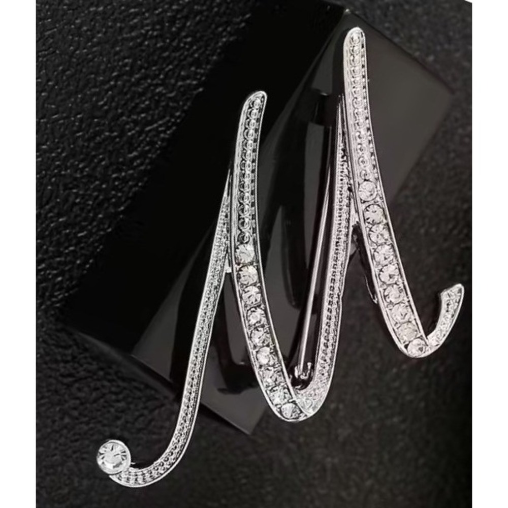 New Boutique Brooch ilver Rhinestone Script Initial M Pin